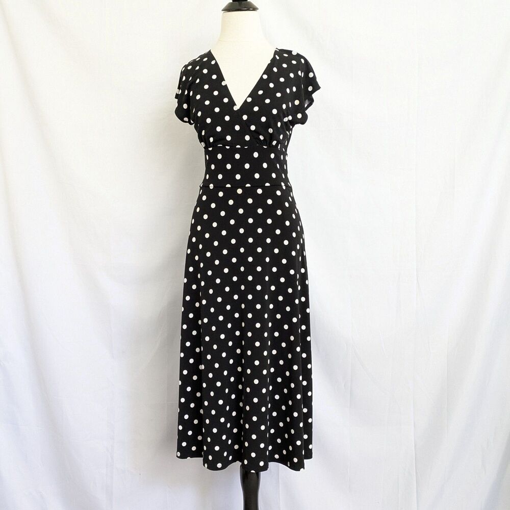 Max and Cleo Black Polka Dot Wrap Style Dress Retro Rockabilly Midi Small